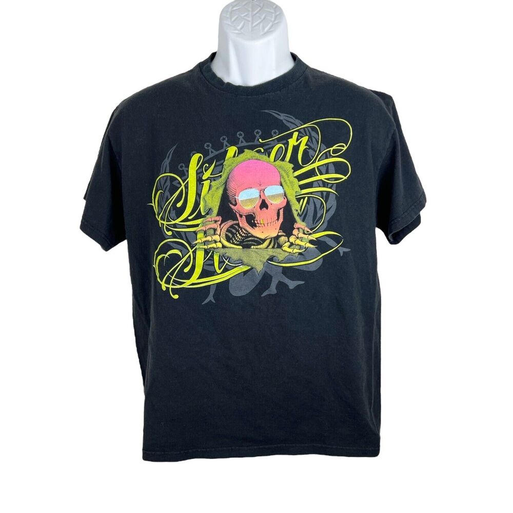 Silver Star Shirt Men Medium Black Short Sleeve Neon Skull Graphic Tee